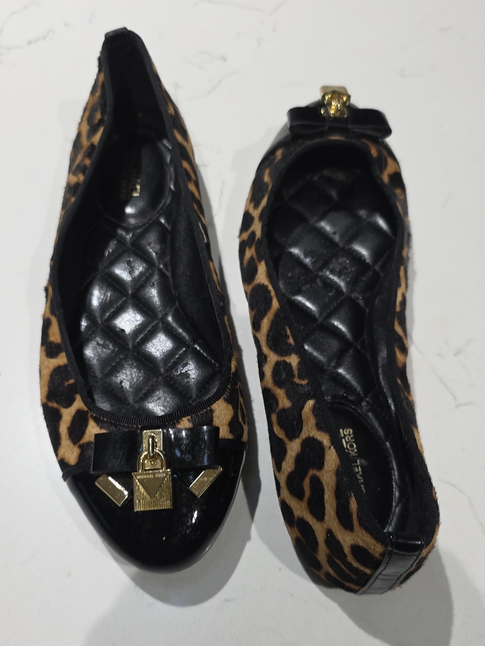 Michael Kors Calf Hair Leopard-Print Ballet Flats/ Black Patent Cap Toe Size 6M